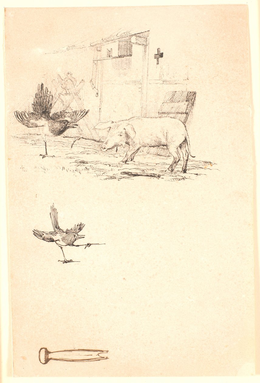 Der Storch und das Schwein. Unten eine Studie des Elsters und ein Werkzeug. Illustration zu Kaalunds "Fabler for Børn" von Johan Thomas Lundbye