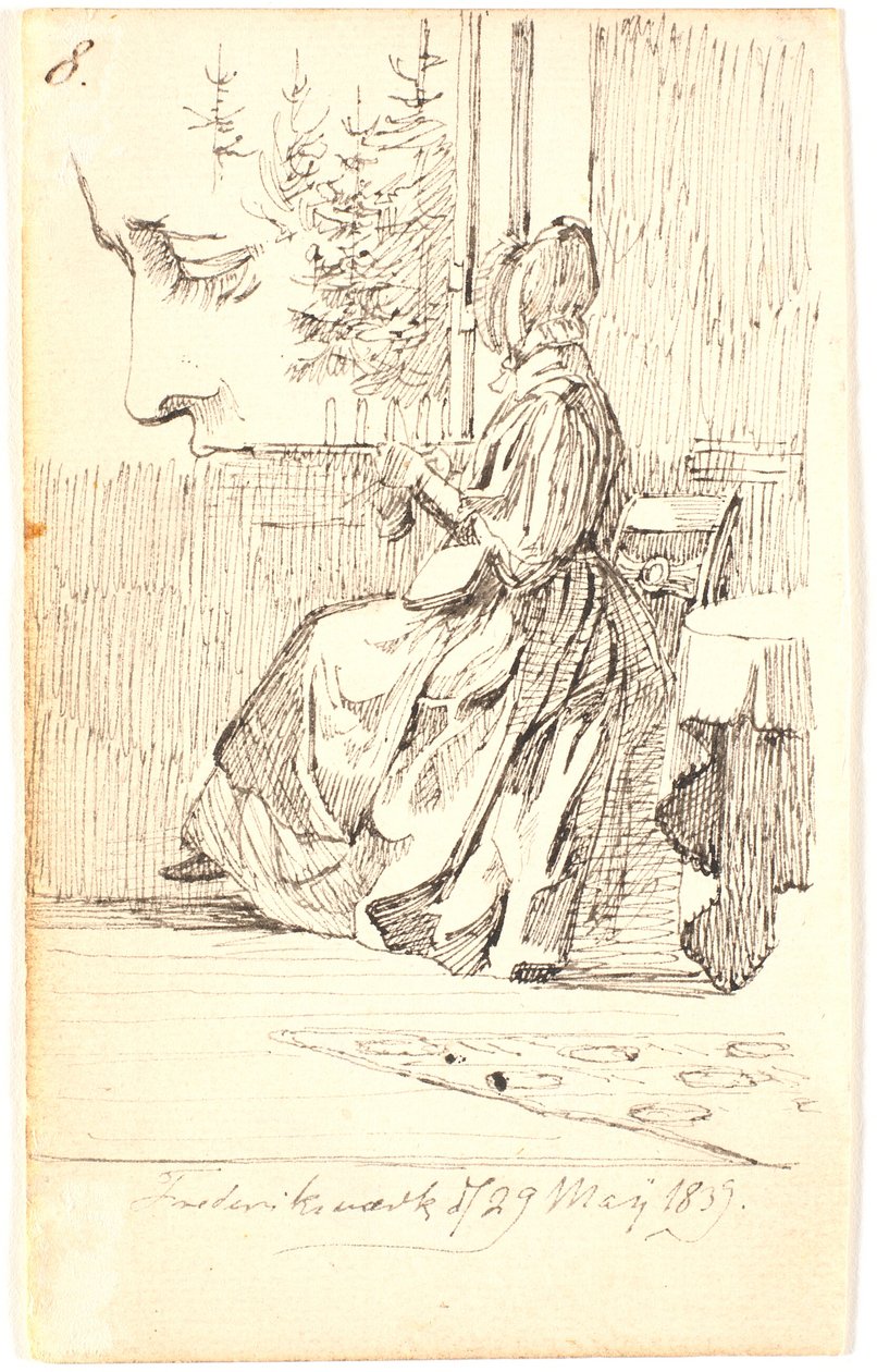Strickende Dame (Lundbyes Mutter?) am Fenster mit Blick auf Tannen sowie eine Profilstudie von Johan Thomas Lundbye