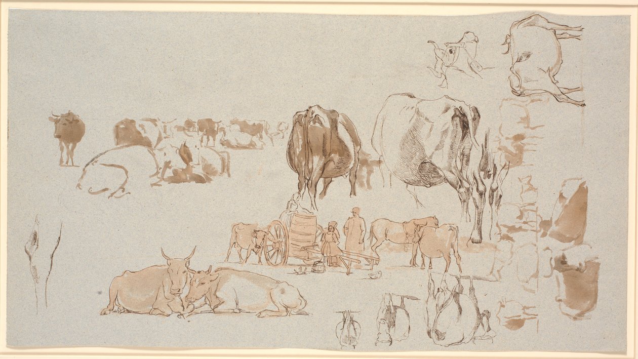 Studienblatt. Studien von Kühen, in der Mitte der Melkwagen mit drei Mädchen und einem Hirten von Johan Thomas Lundbye