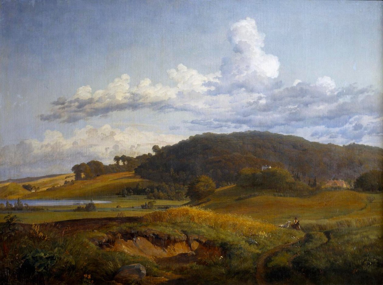 Blick von Vinderød auf Høbjerg bei Frederiksværk mit dem Elternhaus von J. Th. Lundbye von Johan Thomas Lundbye