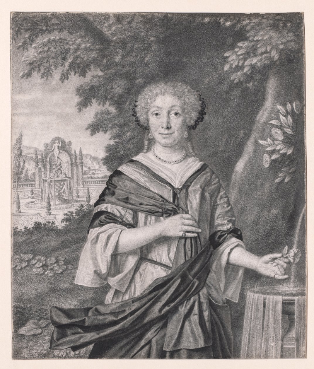 Porträt einer Frau in der Nähe eines Brunnens, eine Rose in der Hand von Johan Thopas