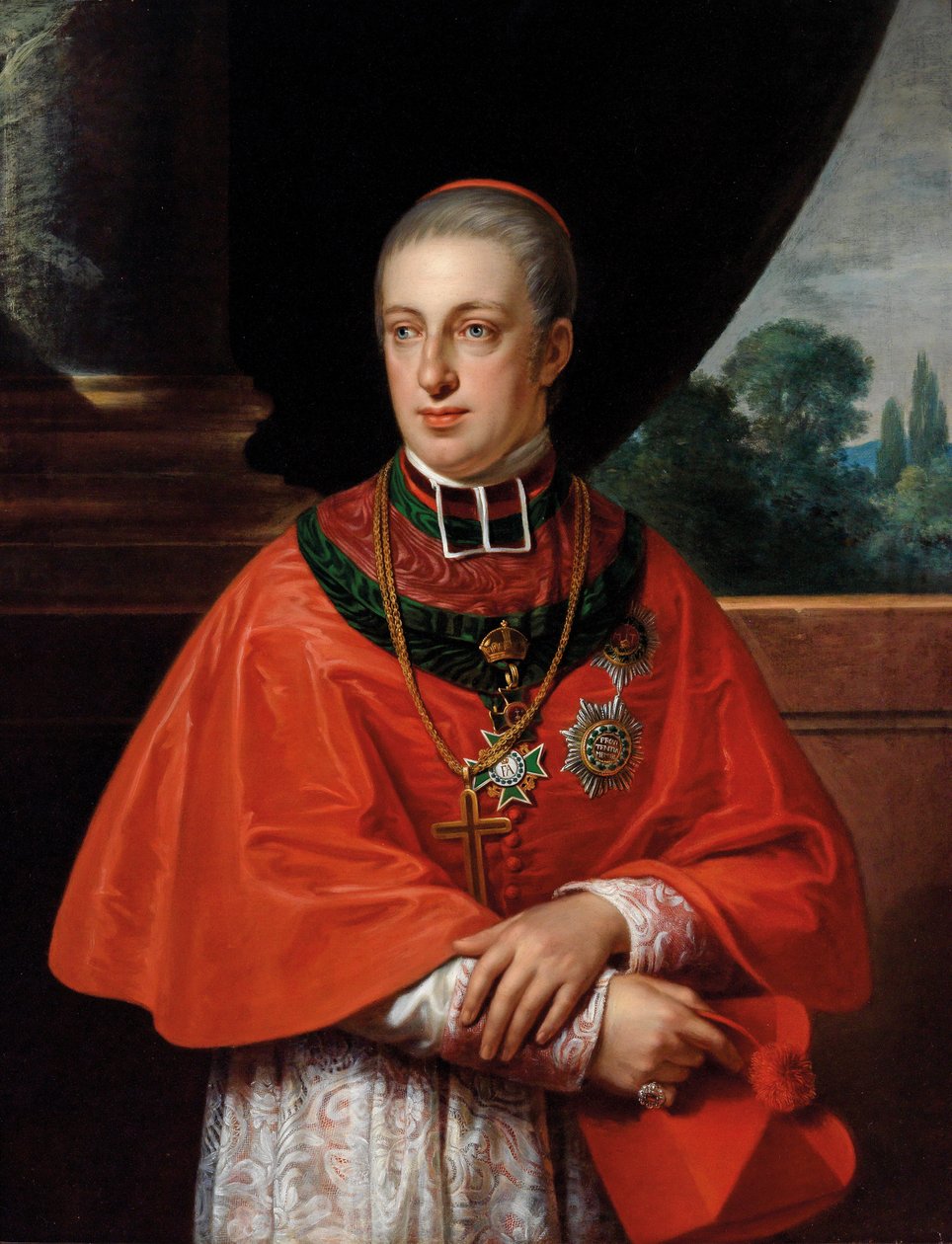 Kardinal Erzherzog Rudolf, Porträt als Kardinal dekoriert mit dem St. Stephansorden und dem sächsischen Hausorden der Rautenkrone von Johann Baptist von Lampi the Elder