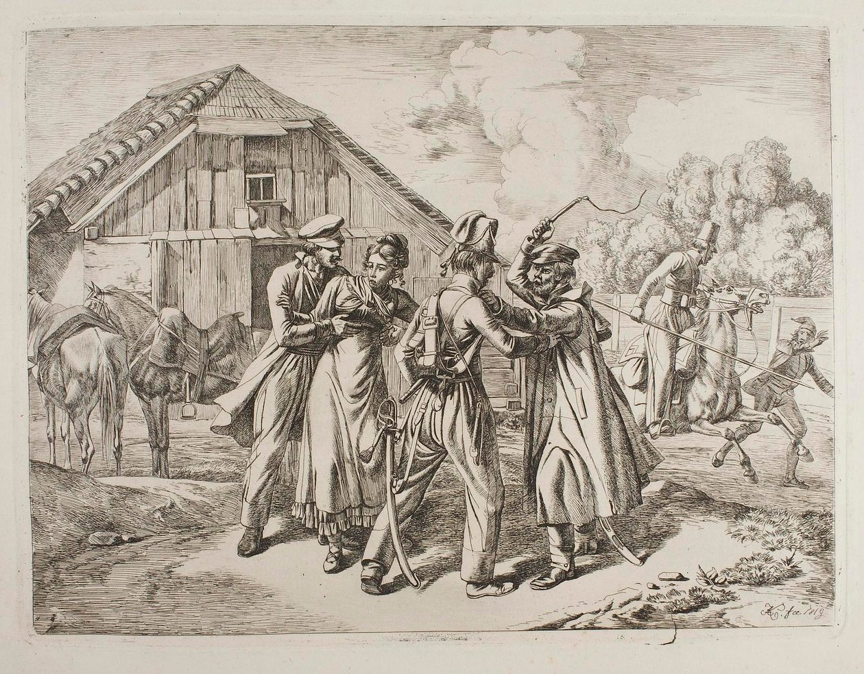 Kosaken dringen in einen Bauernhof ein von Johann Adam Klein