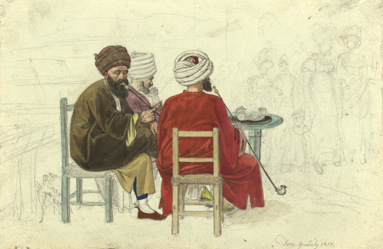 Drei Türken (bzw. Griechen) an einem Kaffeehaustisch sitzend, im Kaffeehaus Augustini auf der Rotenturmbastei von Johann Adam Klein