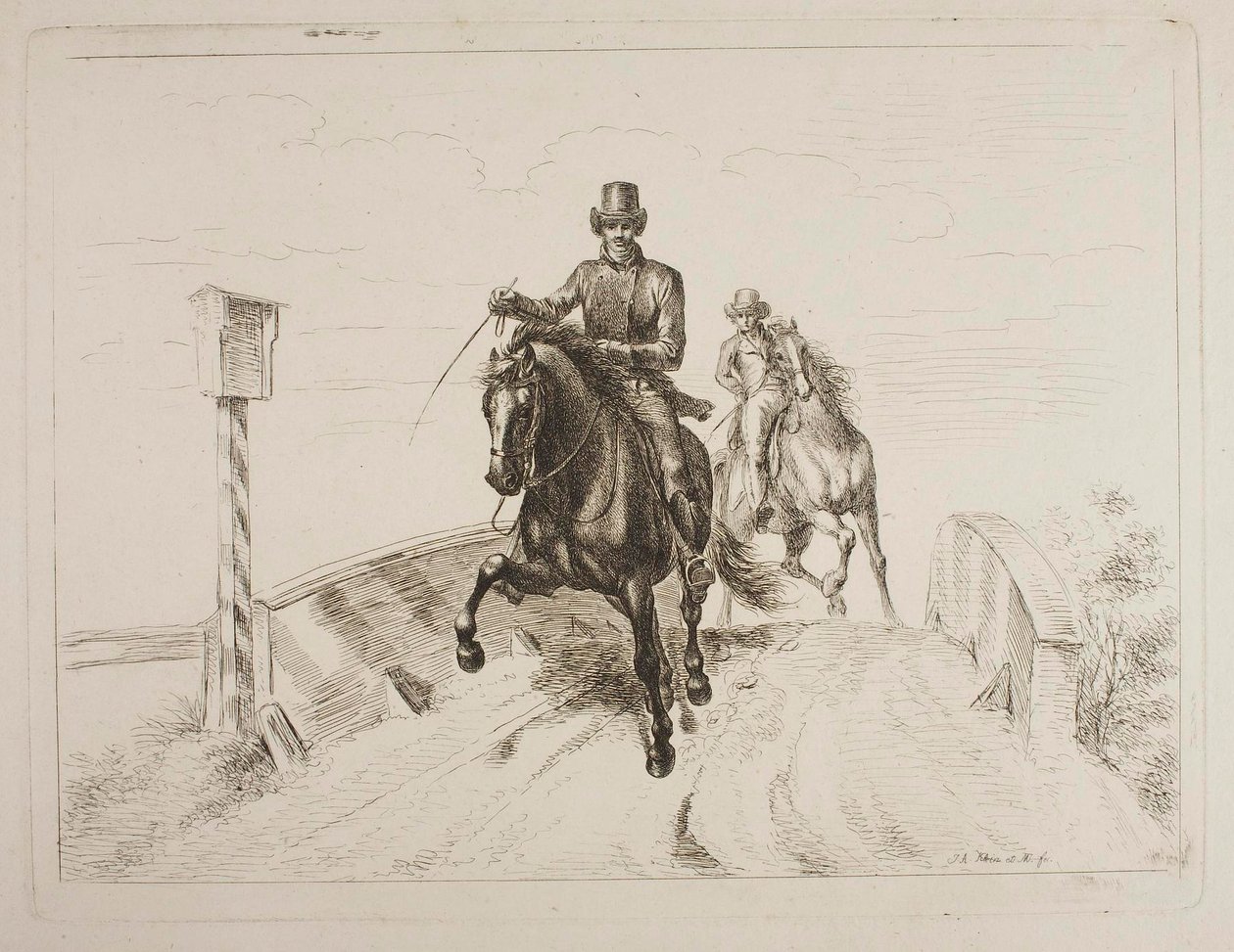 Zwei Reiter im Galopp auf einer Brücke von Johann Adam Klein
