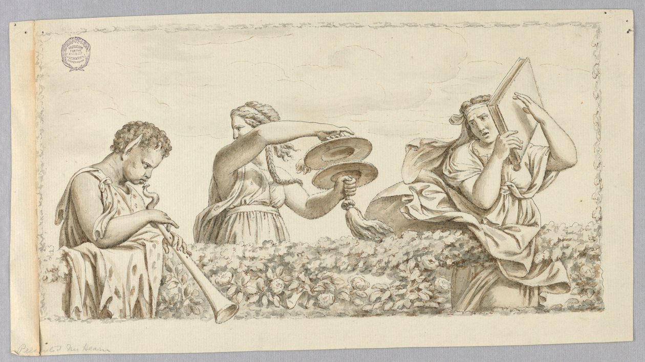 Ein Satyrjunge spielt Flöte, ein Mädchen mit Zimbeln, eine Frau mit einem Buch von Johann August Nahl the Younger