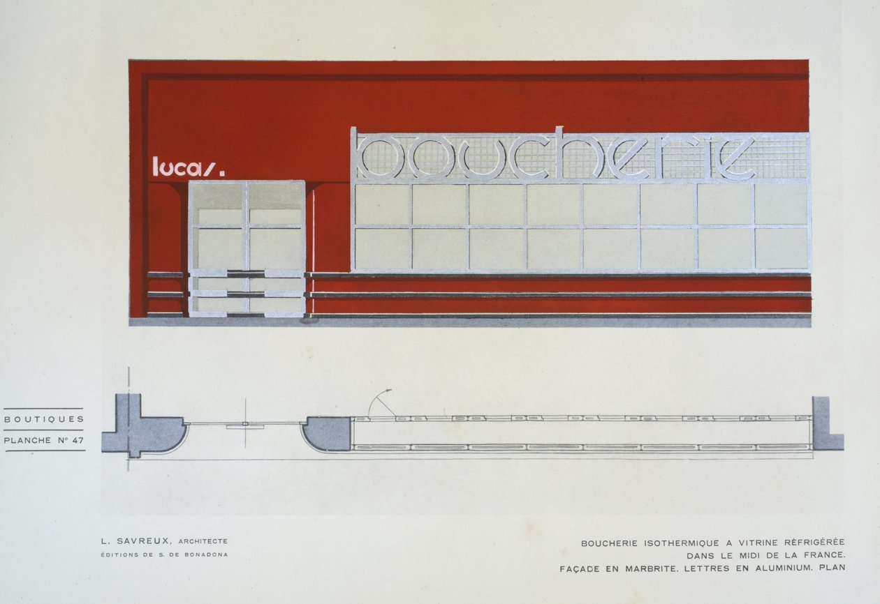 Boucherie Isothermique mit Kühlschrankvitrine, L Savreux, Boutiques, Henry Delacroix, Editions S De Bonadona, Paris, späte 1920er, Pochoir-Druck von Johann Baptist Edler von Lampi