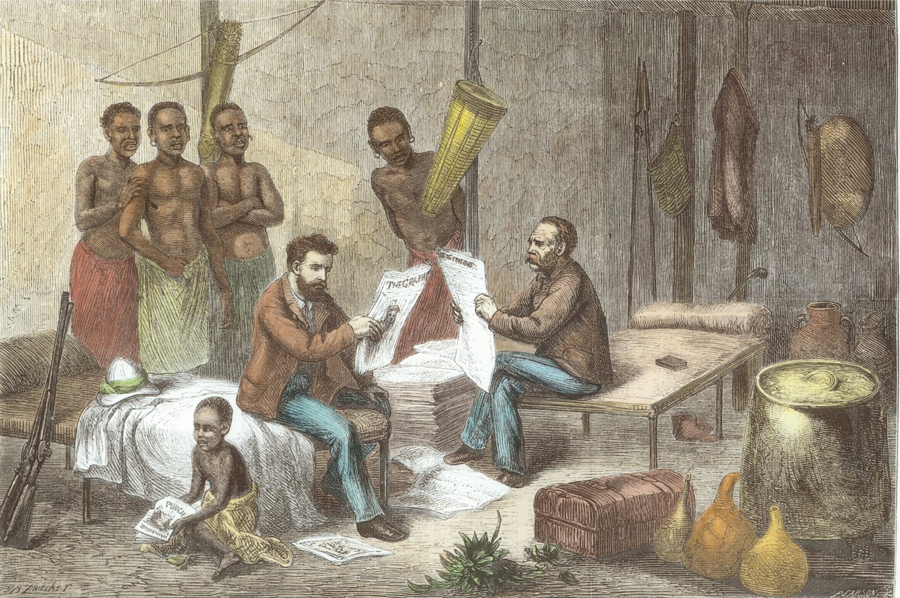 Dr. David Livingstone (1813-73) und Mr. Henry Morton Stanley (1841-1904) erhalten Zeitungen in Zentralafrika, graviert von Pearson (spätere Kolorierung) von Johann Baptist Zweecker