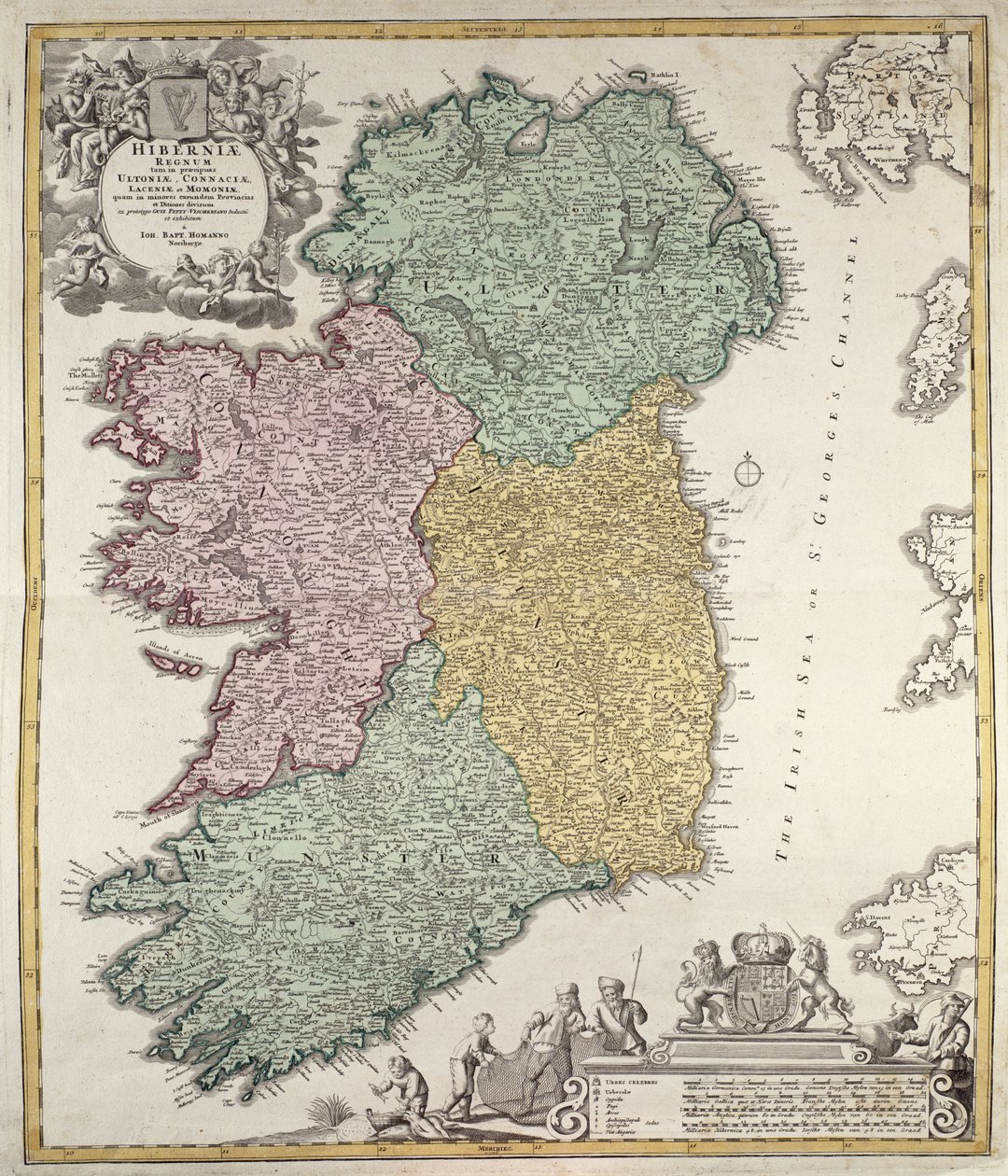 Karte von Irland mit den Provinzen Ulster, Munster, Connaught und Leinster, von Johann B. Homann, um 1730 (handkolorierte Gravur) von Johann Baptista Homann