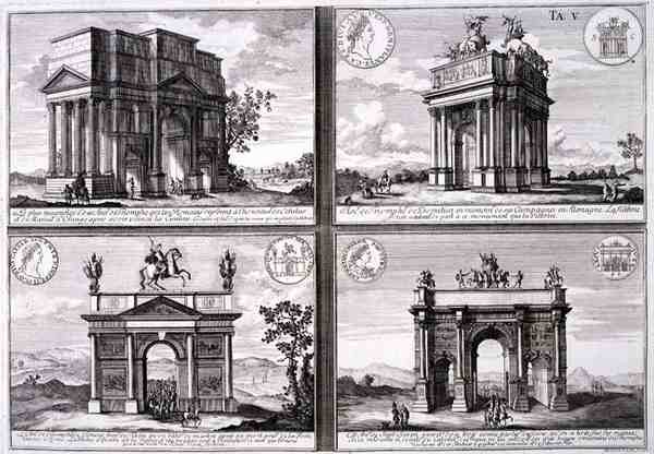 Der Triumphbogen von Catulus und Marius in Orange, der Bogen von Domitian, der Bogen von Drusus und der Bogen von Septimus Severus, aus 