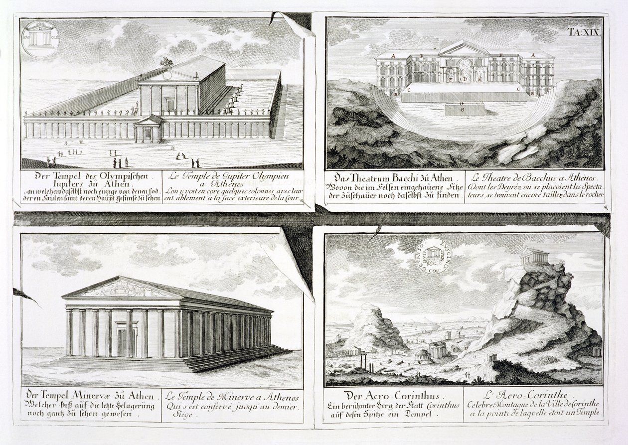 Ansichten von vier klassischen Gebäuden: Der Tempel des Olympischen Zeus, das Dionysostheater in Athen, der Athenatempel in Athen und ein Tempel in Korinth, aus Entwurf einer historischen Architektur von Johann Bernhard Fischer von Erlach