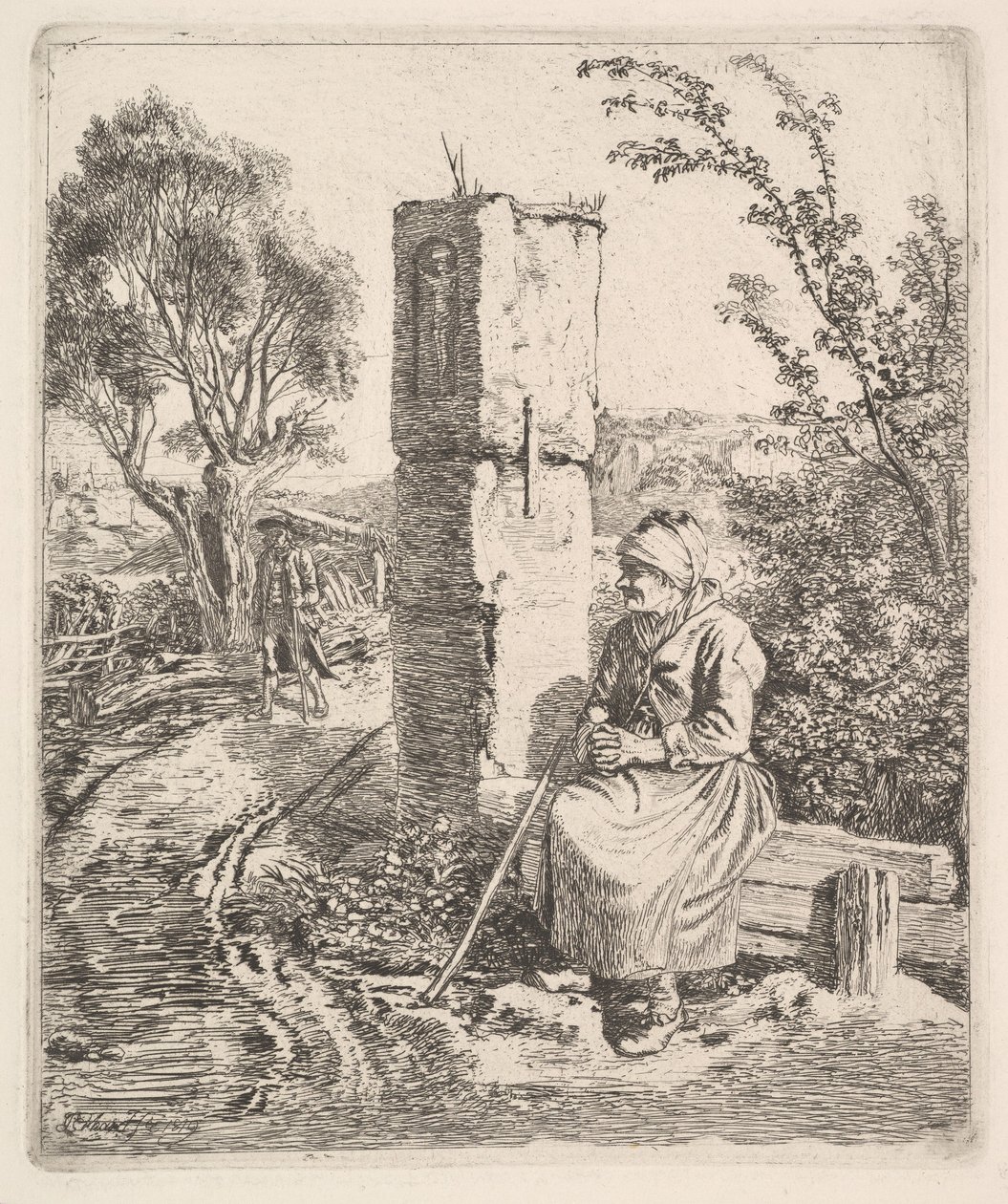 Eine alte Dame sitzt in der Nähe einer Säule am Straßenrand, 1819 von Johann Christian Erhard