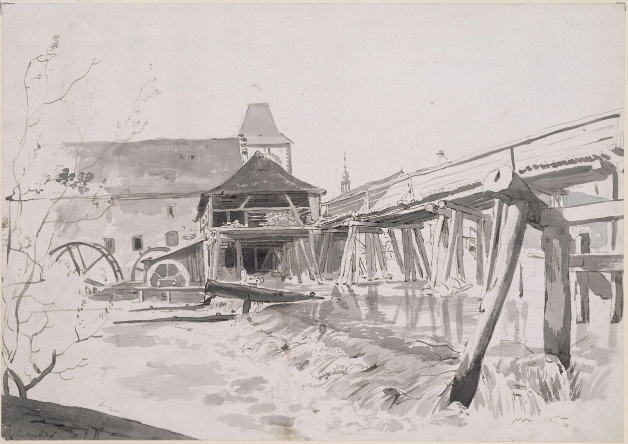 Holzbrücke mit Wehr und Wassermühle von Johann Christian Reinhart