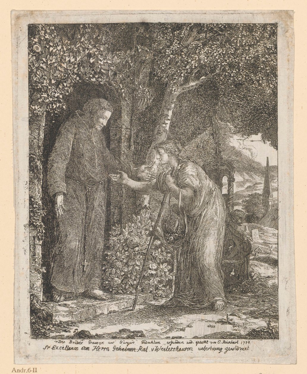 Illustration zu A. G. Bürgers Ballade „Die Brüder Graurock und die Pilgerin“ (Bruder Graurock und die Pilgerin) von Johann Christian Reinhart