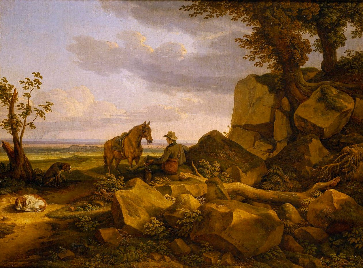 Italienische Landschaft mit einem ruhenden Jäger, Selbstporträt von Johann Christian Reinhart