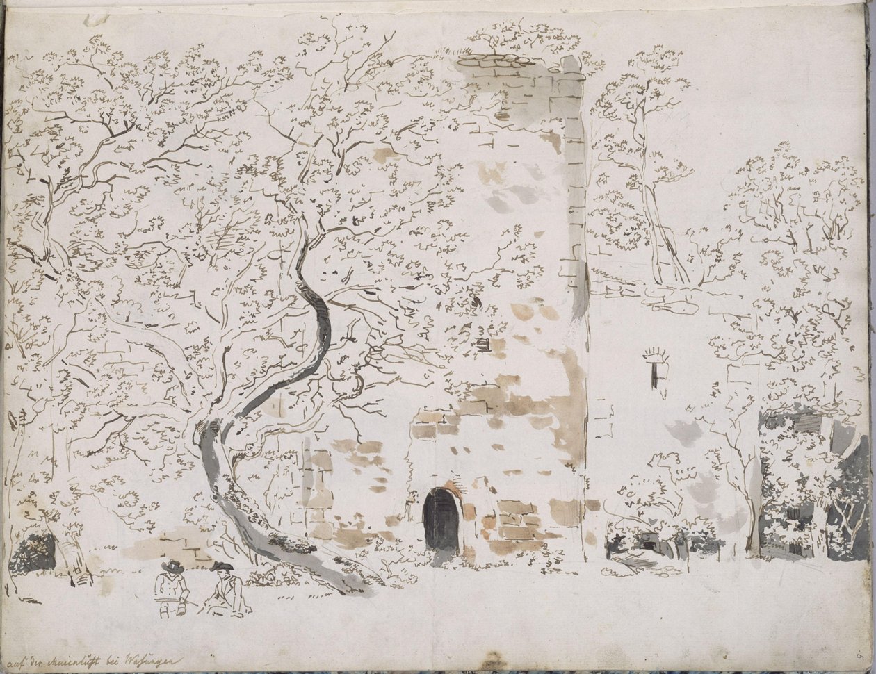 Zwei Zeichner vor einer Burg hinter Bäumen: auf der Maienlust bei Wasungen von Johann Christian Reinhart