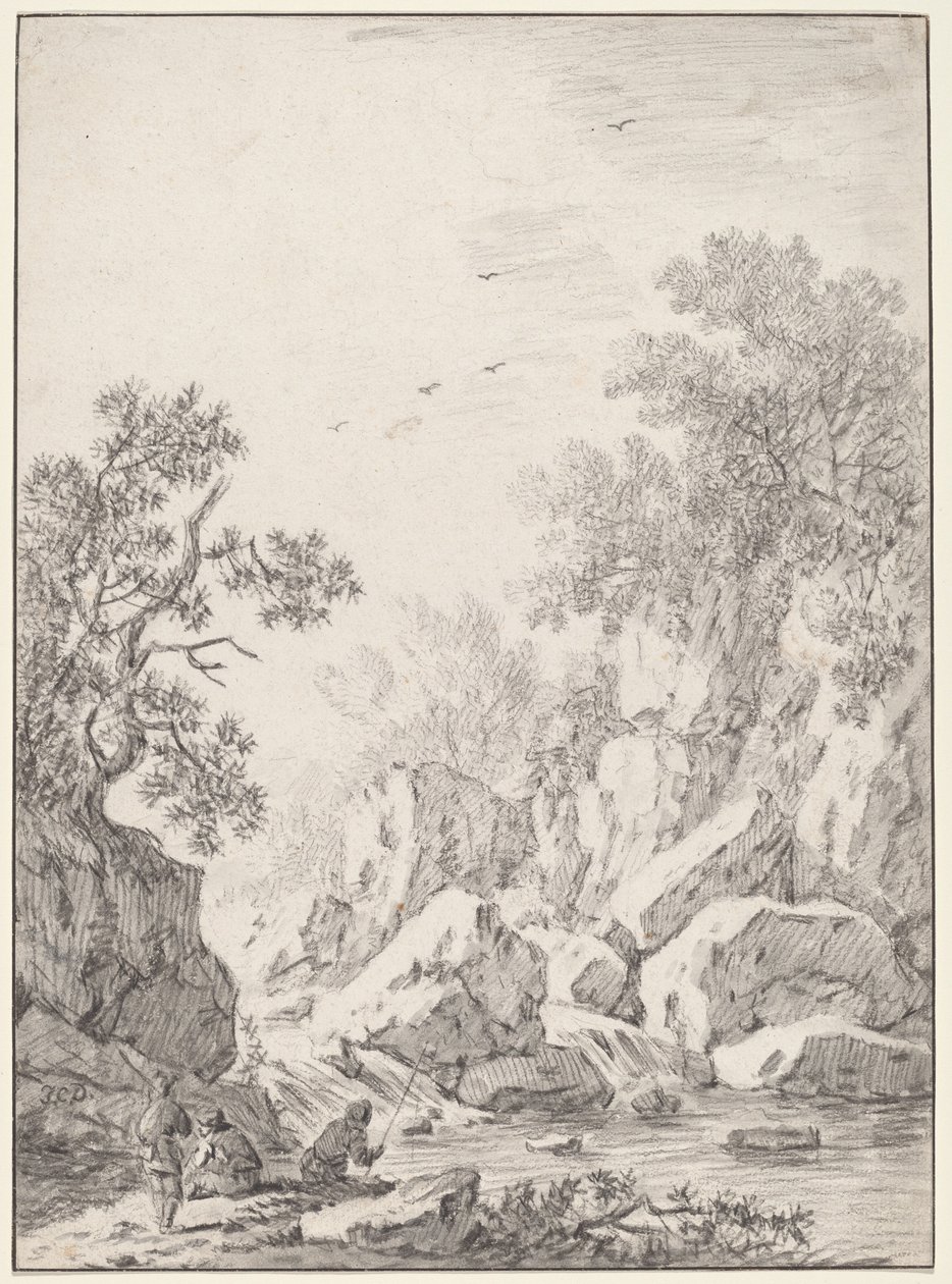 Ein Wasserfall bei Felsenklippen von Johann Christoph Dietzsch