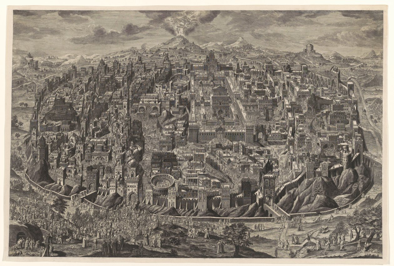 Übersichtskarte in Vogelperspektive von Jerusalem mit Darstellungen der Passion Christi von Johann Daniel Herz (I)
