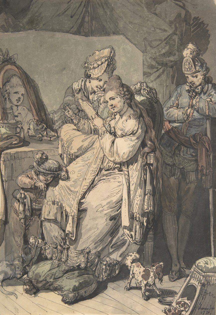 Eine Frau bei ihrer Toilette mit einer Magd, einem Jungen, einem Hund und einem jungen Soldaten, verso: Eine Skizze von Johann Eleazar Schenau