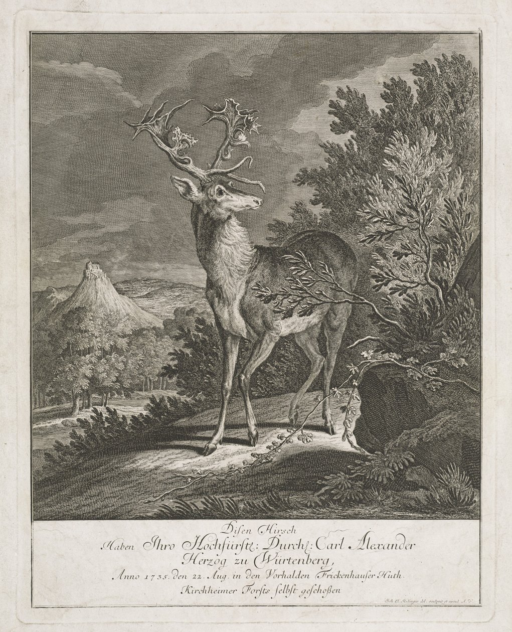 Ein prächtiger Hirsch in einer Landschaft von Johann Elias Ridinger