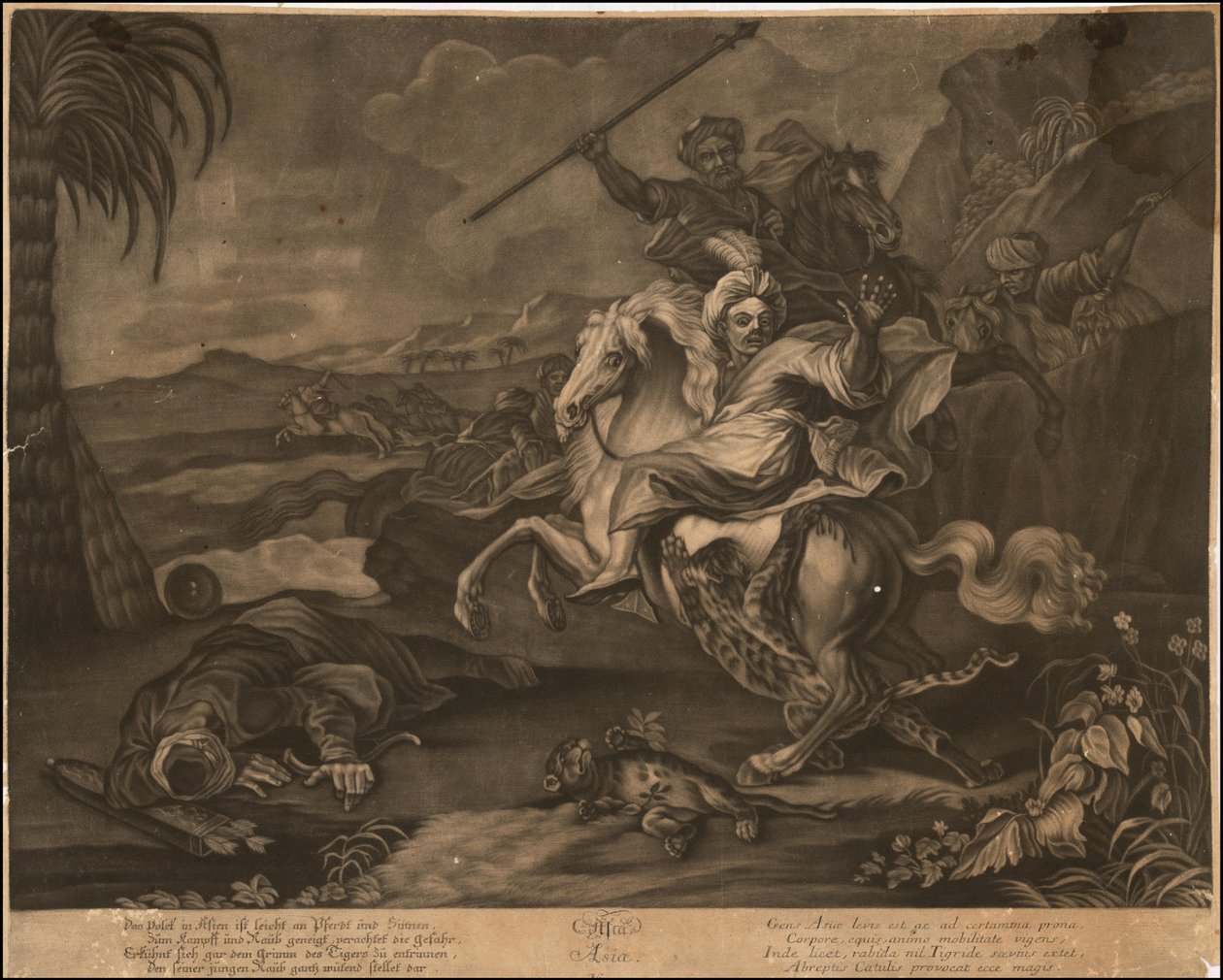 Ca. 1770 allegorische Mezzotinto von Asien von Johann Elias Ridinger