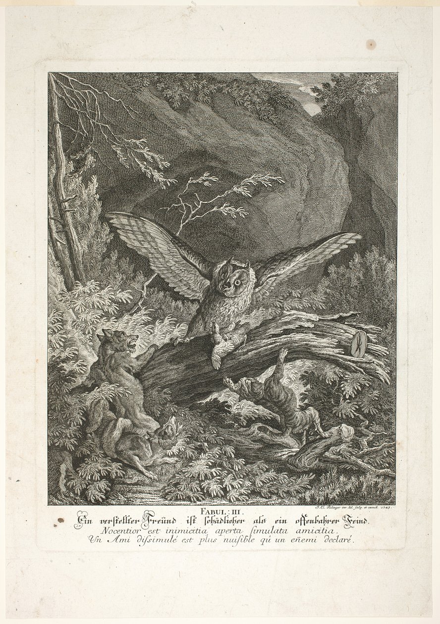 Fabel III, Tafel drei aus Lehrreiche Fabeln aus dem Reiche der Tiere von Johann Elias Ridinger