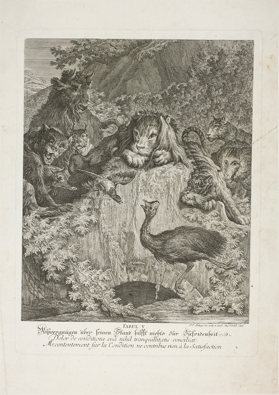Fabel V, Tafel fünf aus Lehrreiche Fabeln aus dem Reiche der Tiere von Johann Elias Ridinger