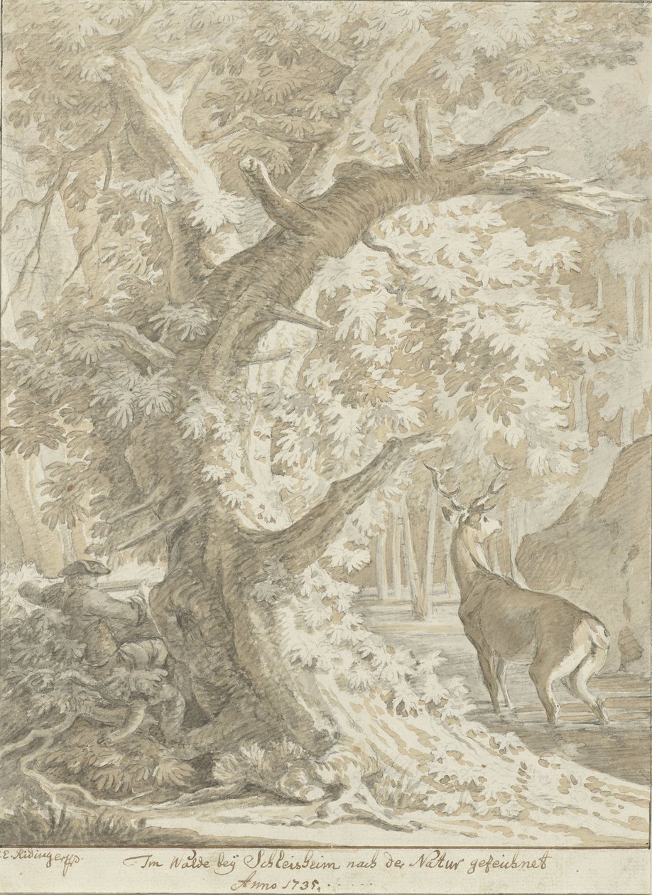 Jäger zielt auf einen Hirsch im Wasser unter einem alten Baum von Johann Elias Ridinger