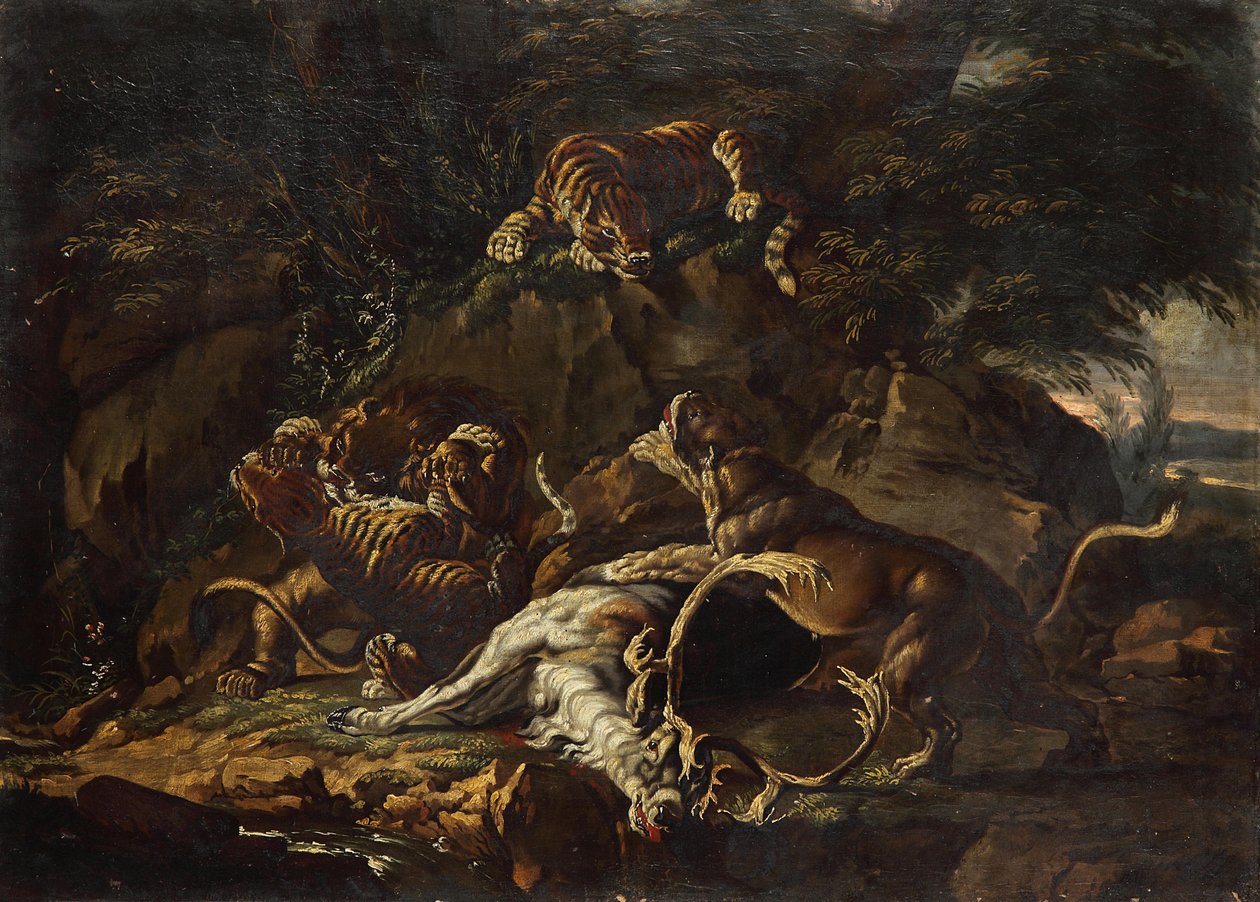 Raubtiere und gerissener Hirsch von Johann Elias Ridinger