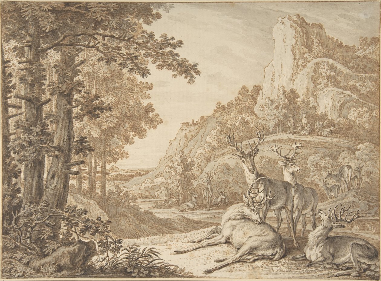 Hirsche in einer Landschaft von Johann Elias Ridinger