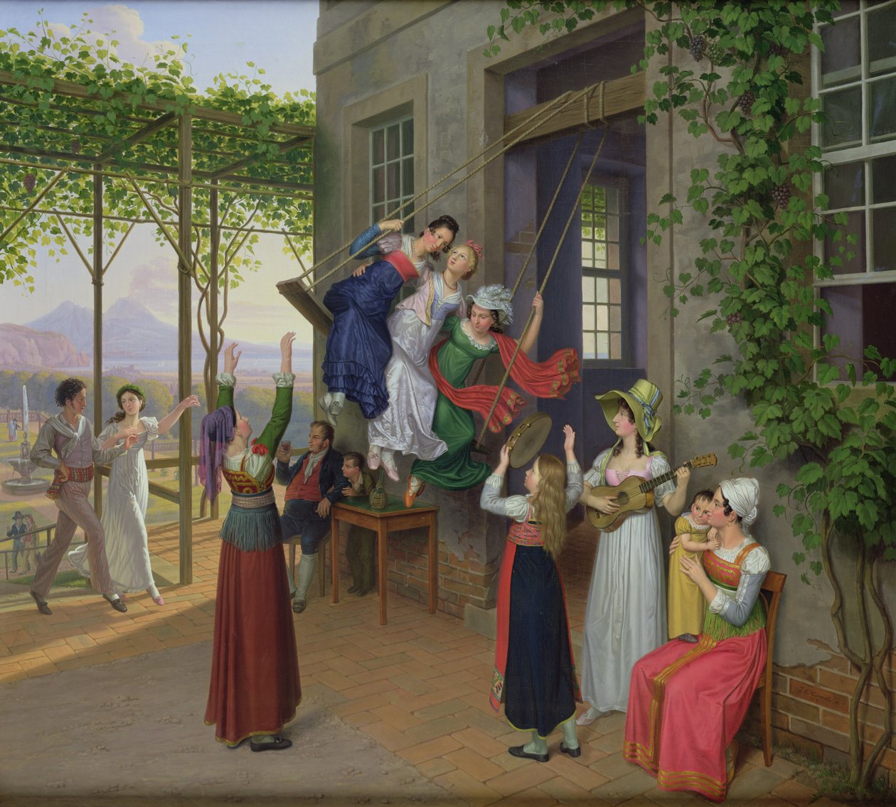 Jugendliche spielen auf einer Schaukel in einem Garten bei Neapel, 1823 von Johann Erdmann Hummel