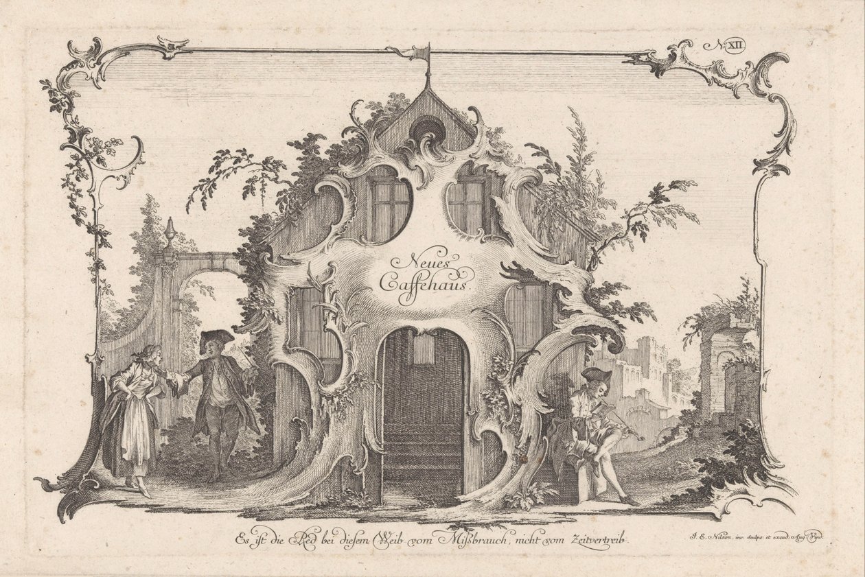 Kaffeehaus mit streitendem Paar, Neues Caffehaus (Titel auf dem Objekt), Soziale Aktivitäten (Serientitel) von Johann Esaias Nilson
