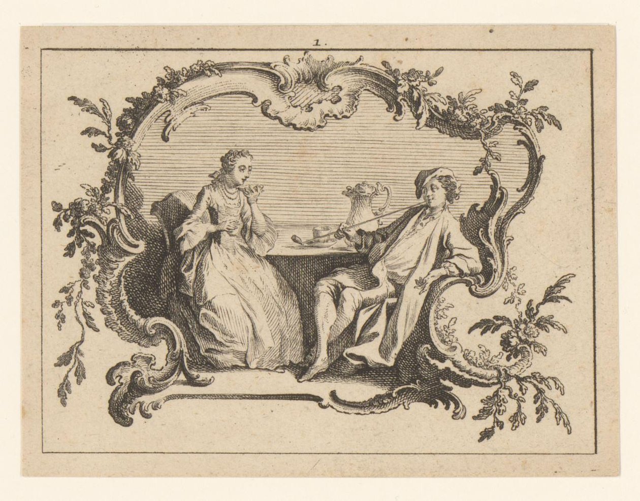 Frau und pfeiferauchender Mann an einem Tisch in einer Kartusche von Johann Esaias Nilson