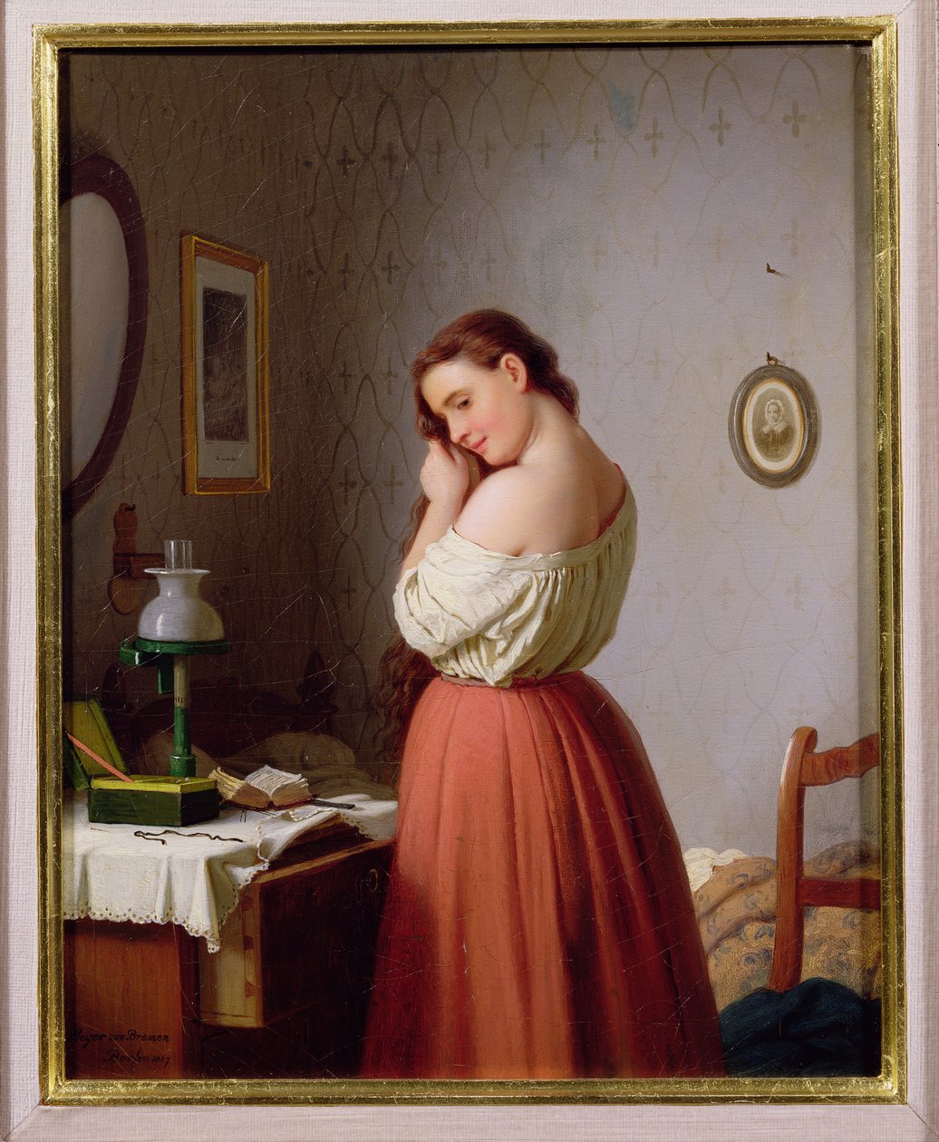 Junge Frau, die ihr Haar flechtet von Johann Georg Meyer von Bremen