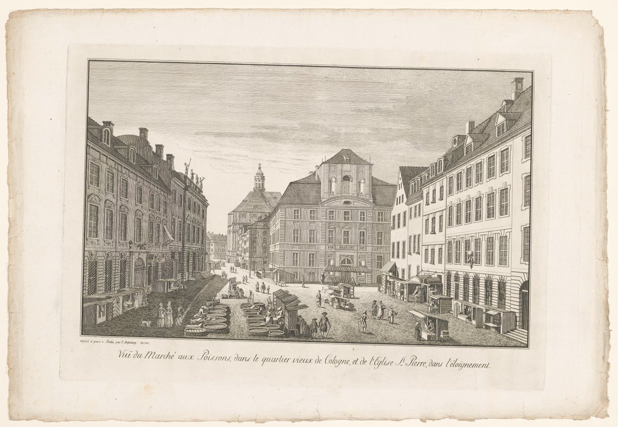 Ansicht eines Fischmarktes in Köln mit der St.-Petrus-Kirche von Johann Georg Rosenberg