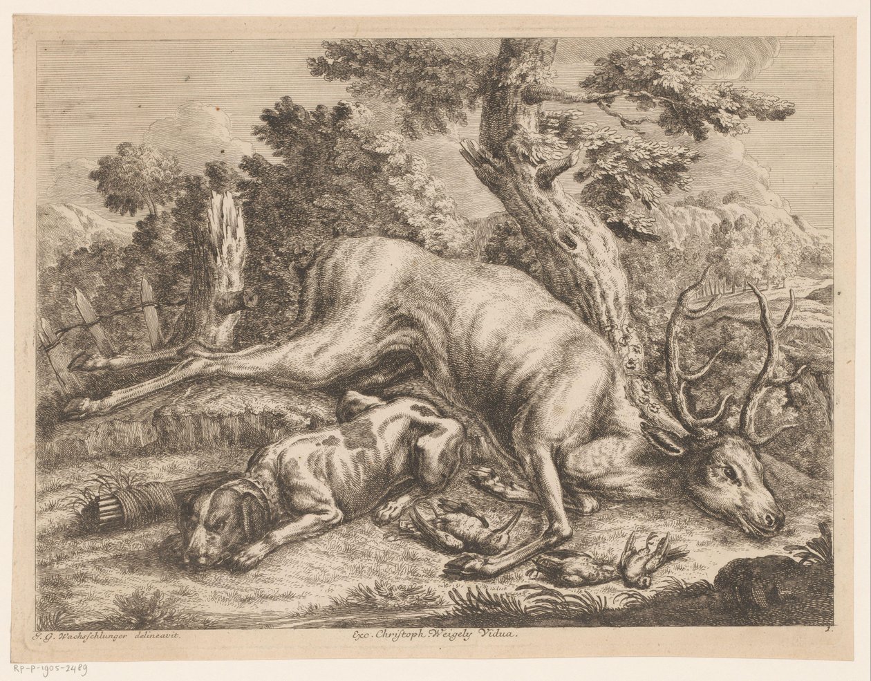 Jagdhund und Jagdbeute mit Hirsch und Vögeln von Johann Georg Wachsschlunger