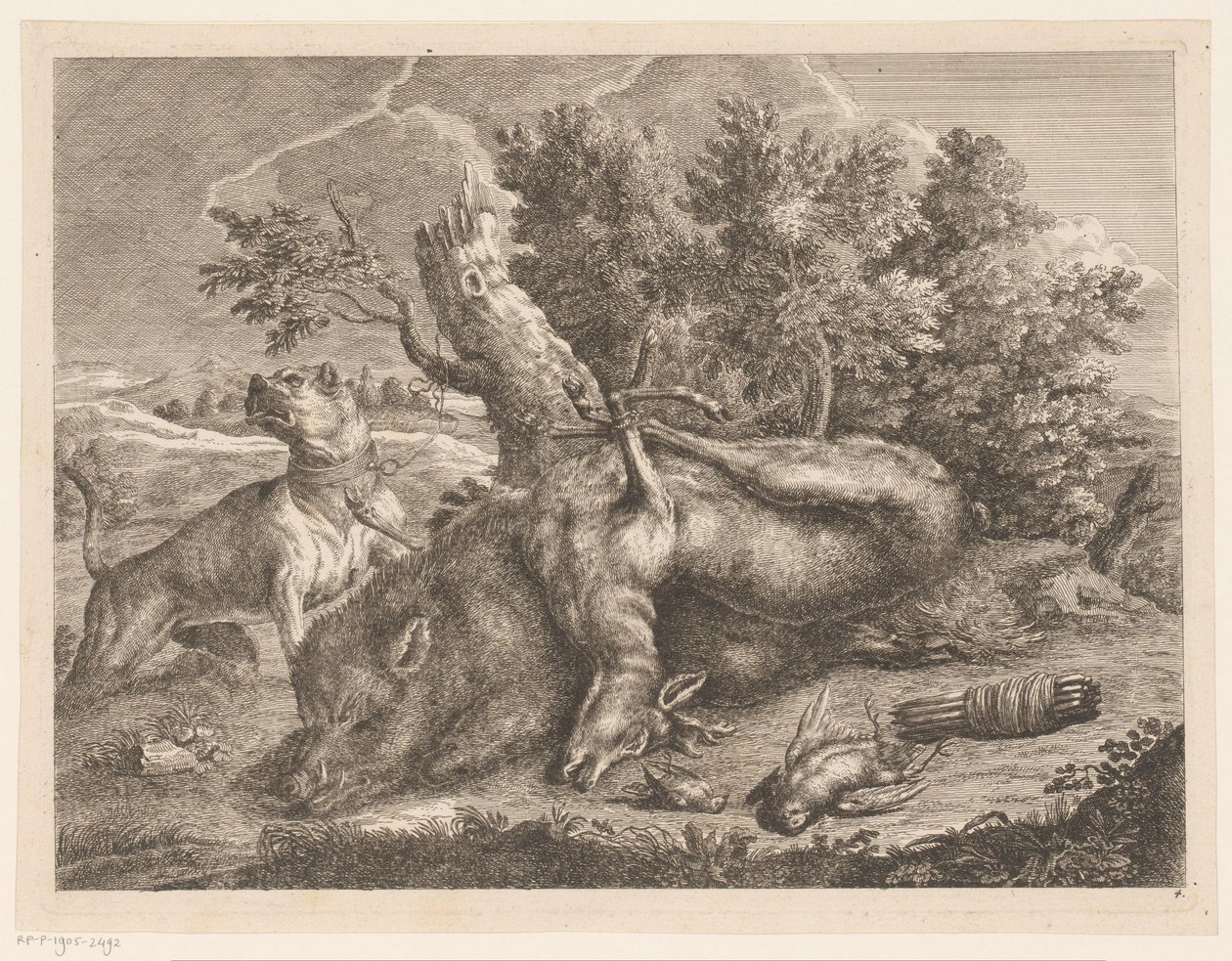 Jagdhund und Jagdbeute mit Wildschwein, Hirsch und Vögeln von Johann Georg Wachsschlunger