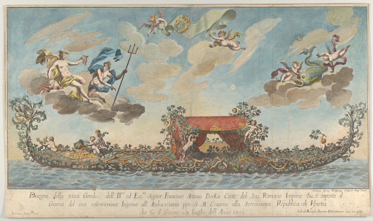 Die hochverzierte dritte Gondel von Francesco Antonio Berka fährt nach Venedig, Götter auf... von Johann Georg Wolfgang