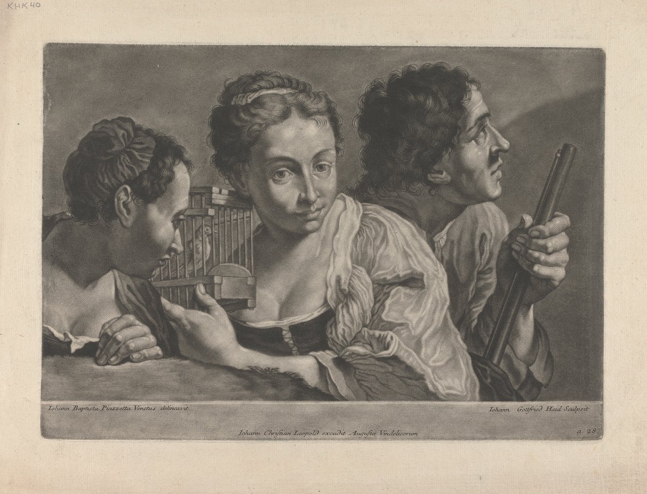 Zwei Frauen, die einem Vogel zuhören, mit einem Mann, der eine Waffe hält von Johann Gottfried Haid