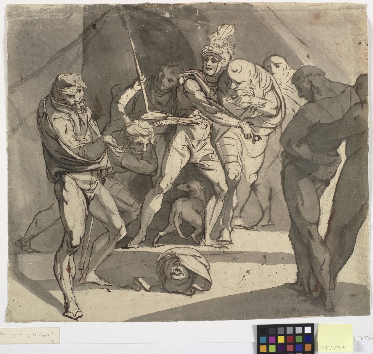 Richard Plantagenet wirft den abgetrennten Kopf des Herzogs von Somerset zu den Füßen seines Vaters. Illustration zu Shakespeares Henry VI, Teil 3, Akt 1, Zeile 20 von Johann Heinrich Füssli