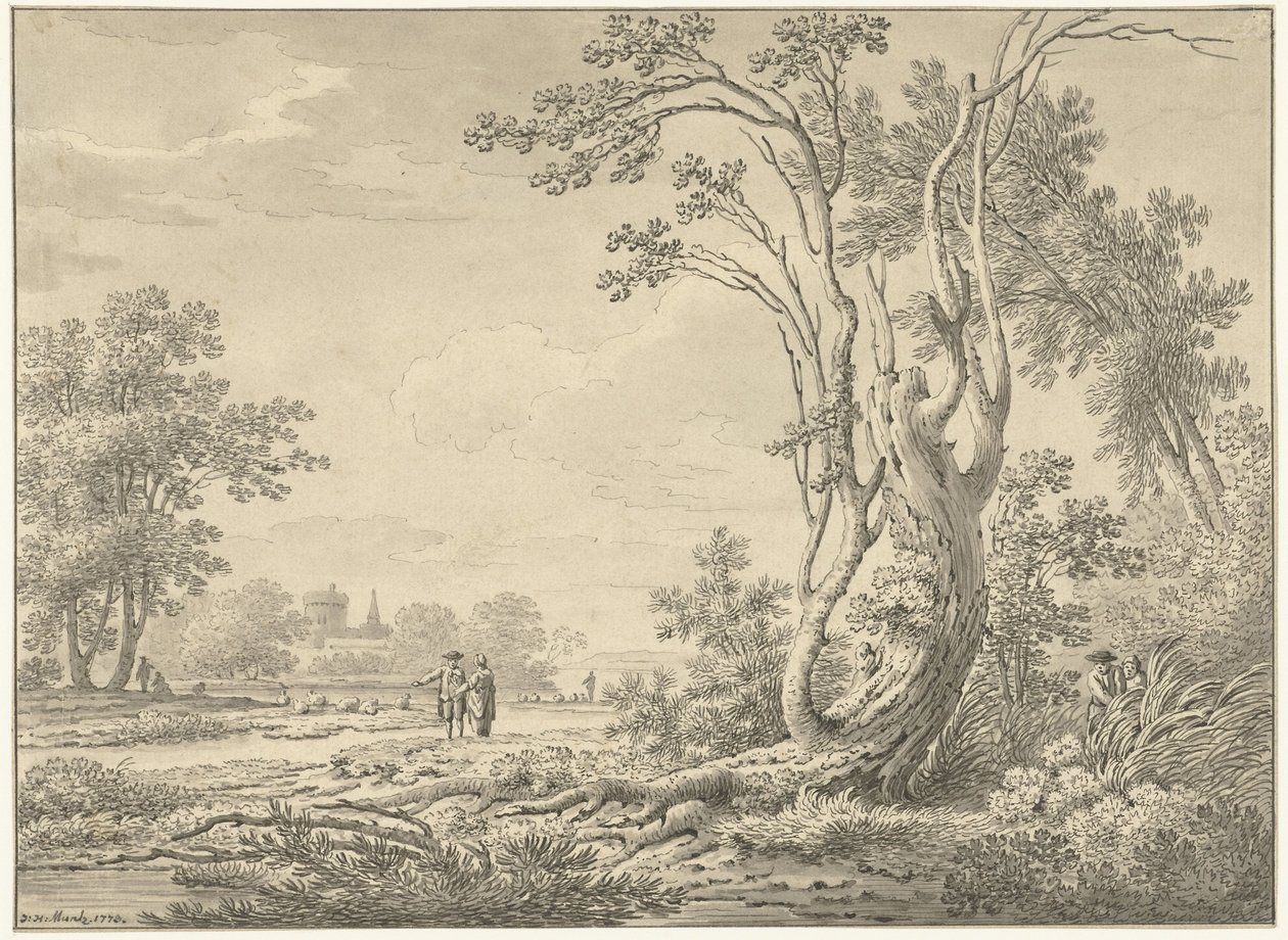 Südliche Landschaft mit Schloss, Vieh und Spaziergängern von Johann Heinrich Muntz