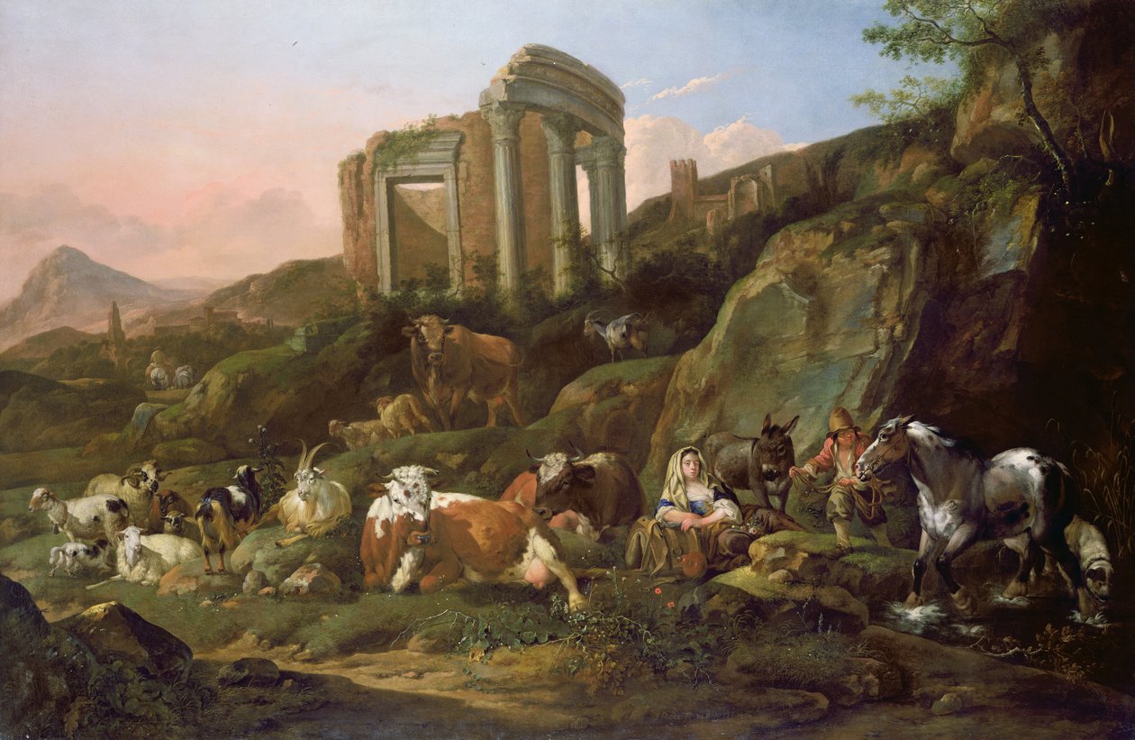 Bauernhoftiere in einer klassischen Landschaft, 1684 von Johann Heinrich Roos
