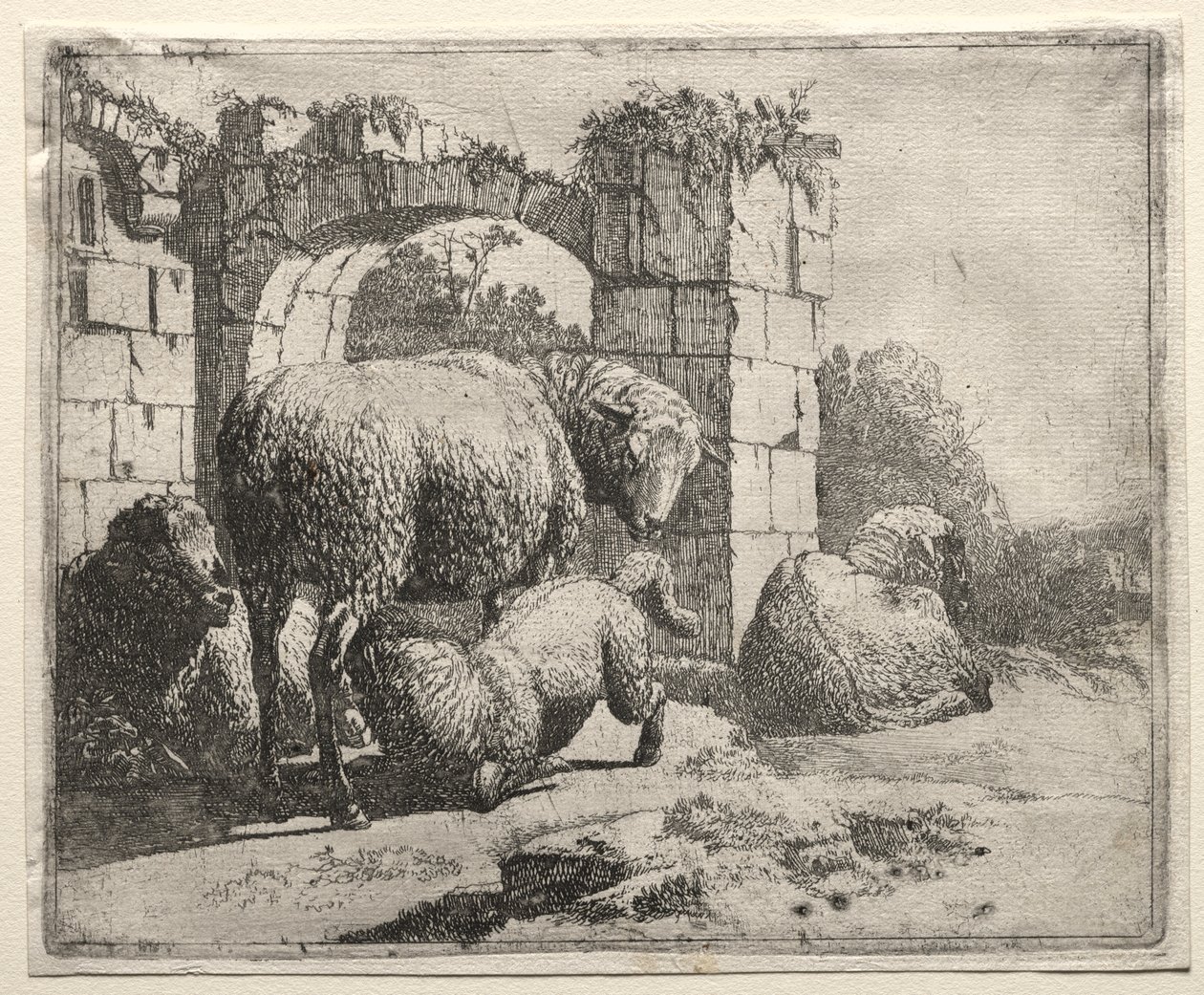 Schafe in der Nähe der Ruinen eines Bogens von Johann Heinrich Roos