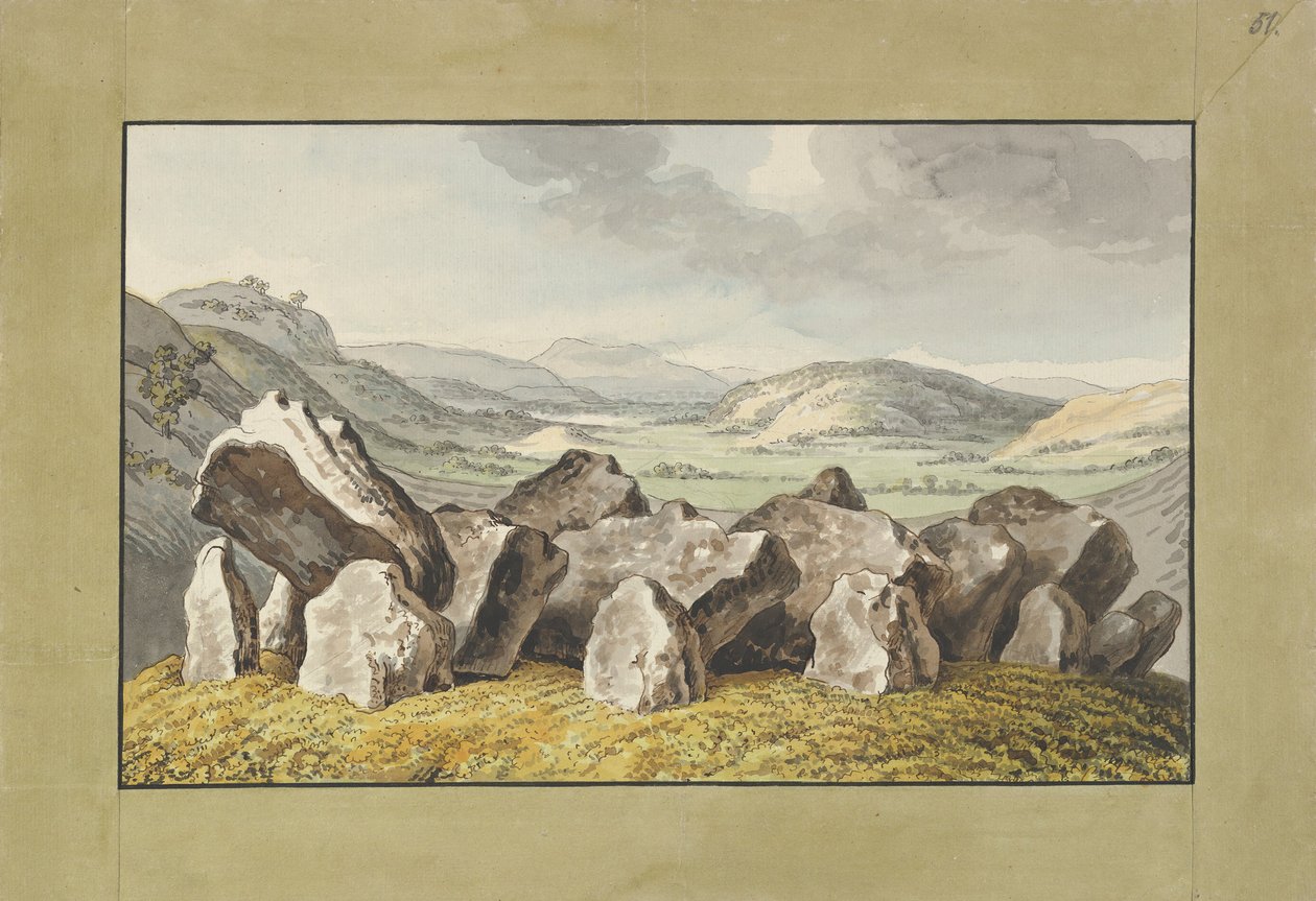 Ein prähistorischer Steinkreis auf einem Hügel, eine weite Landschaft dahinter, Mitte des 18. bis Anfang des 19. Jahrhunderts von Johann Heinrich Wilhelm Tischbein