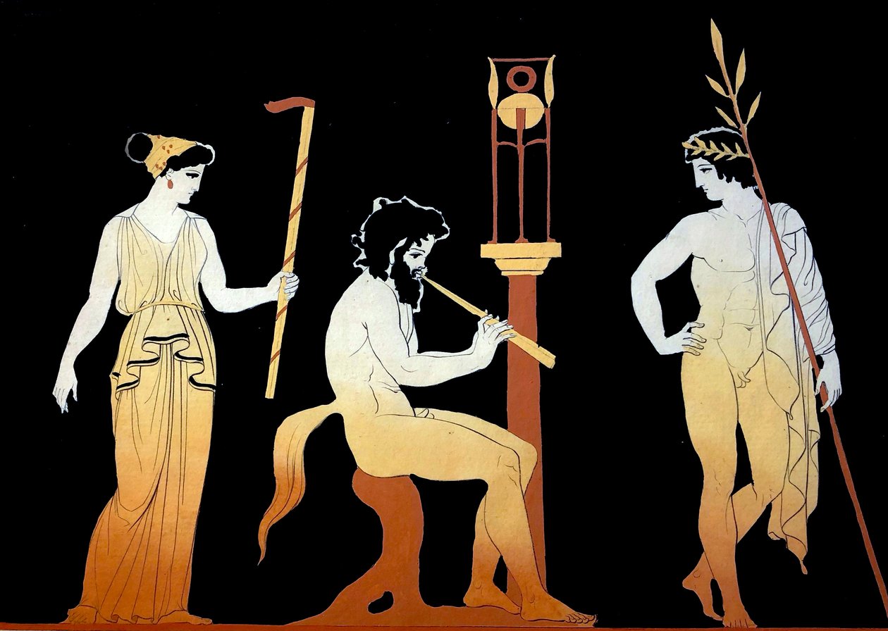 Teller zeigt einen gekrönten Spielgewinner, der einem Satyr beim Flötenspiel zuhört, ca. 1796 von Johann Heinrich Wilhelm Tischbein