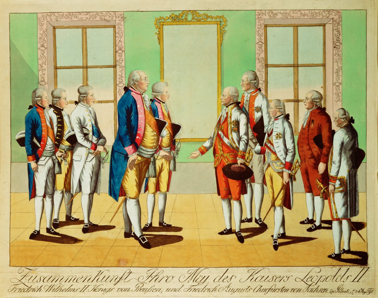 Treffen von Kaiser Leopold II. mit König Friedrich-Wilhelm III. von Preußen und Kurfürst Friedrich August von Sachsen im Schloss Pilnitz von Johann Hieronymus Loeschenkohl