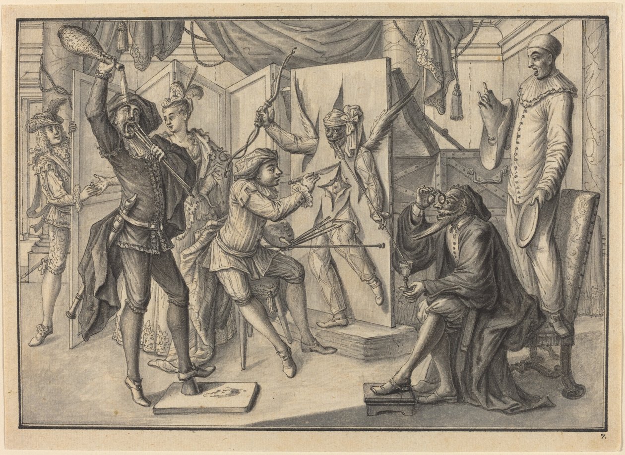 Mezzetin „malt“ ein Porträt von Amor, indem er die Leinwand schneidet, um Harlekin zu enthüllen von Johann Jacob Schubler
