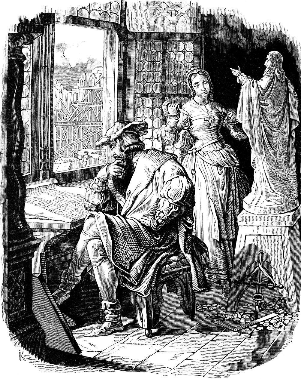 Architekt Erwin von Steinbach mit seiner Tochter Sabina, Illustration aus der Geschichte des deutschen Volkes von E. Duller, 1840 von Johann Jakob Kirchhoff