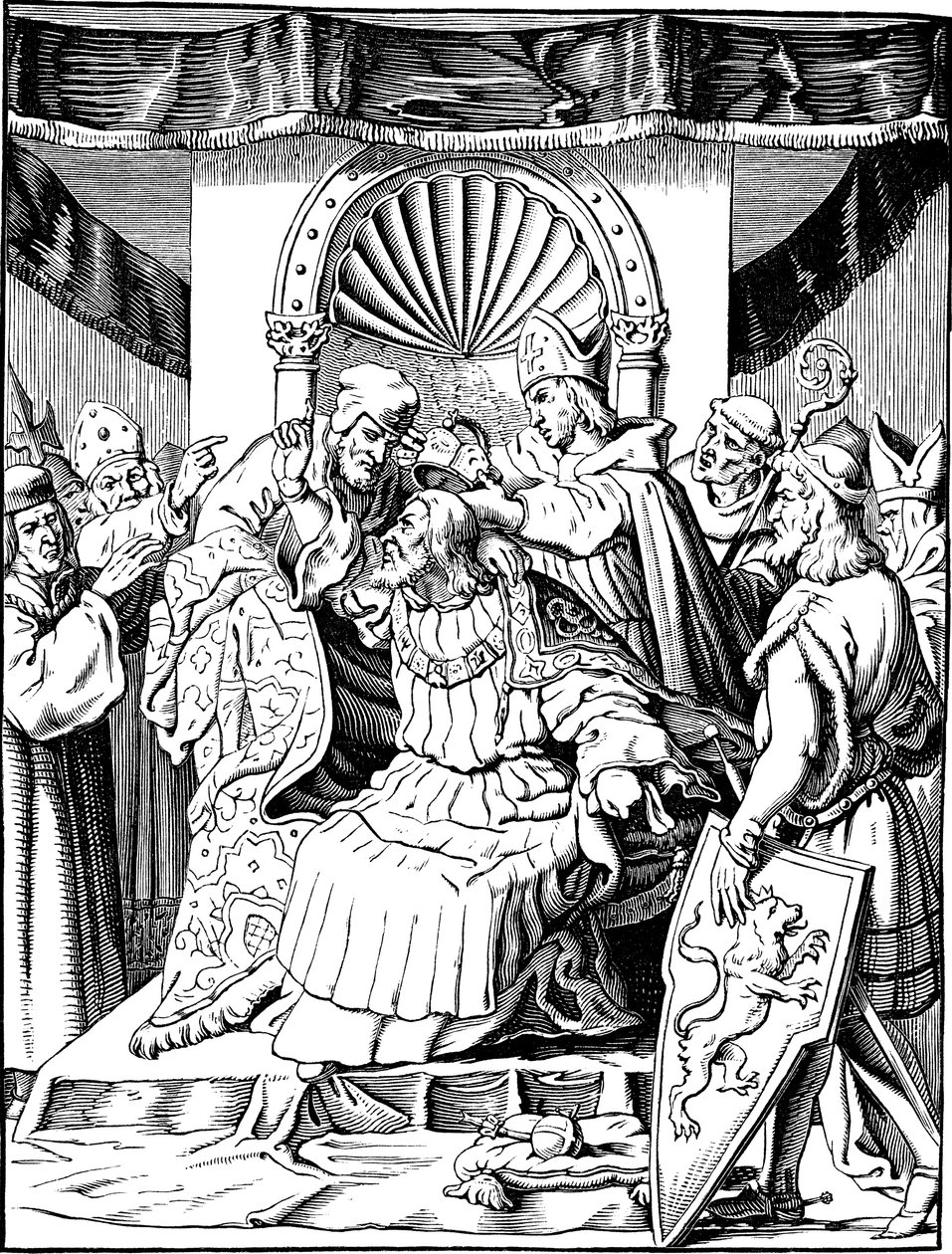 Die Abdankung von Kaiser Heinrich IV. in Ingelheim, Illustration aus der Geschichte des deutschen Volkes von E. Duller, 1840 von Johann Jakob Kirchhoff