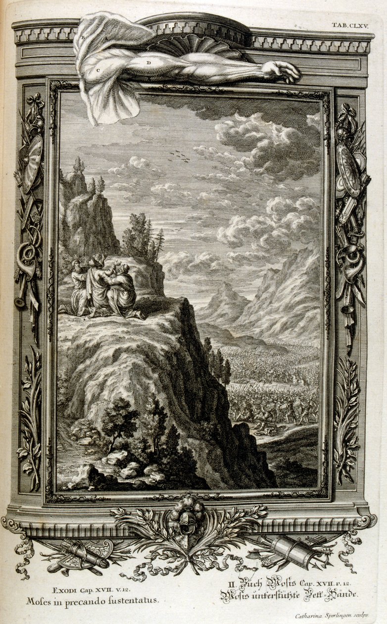 Aaron und Hur stützen die Hand von Moses auf dem Sinai, als die Israeliten in den Sinai flohen, Exodus aus Ägypten von Johann Jakob Scheuchzer